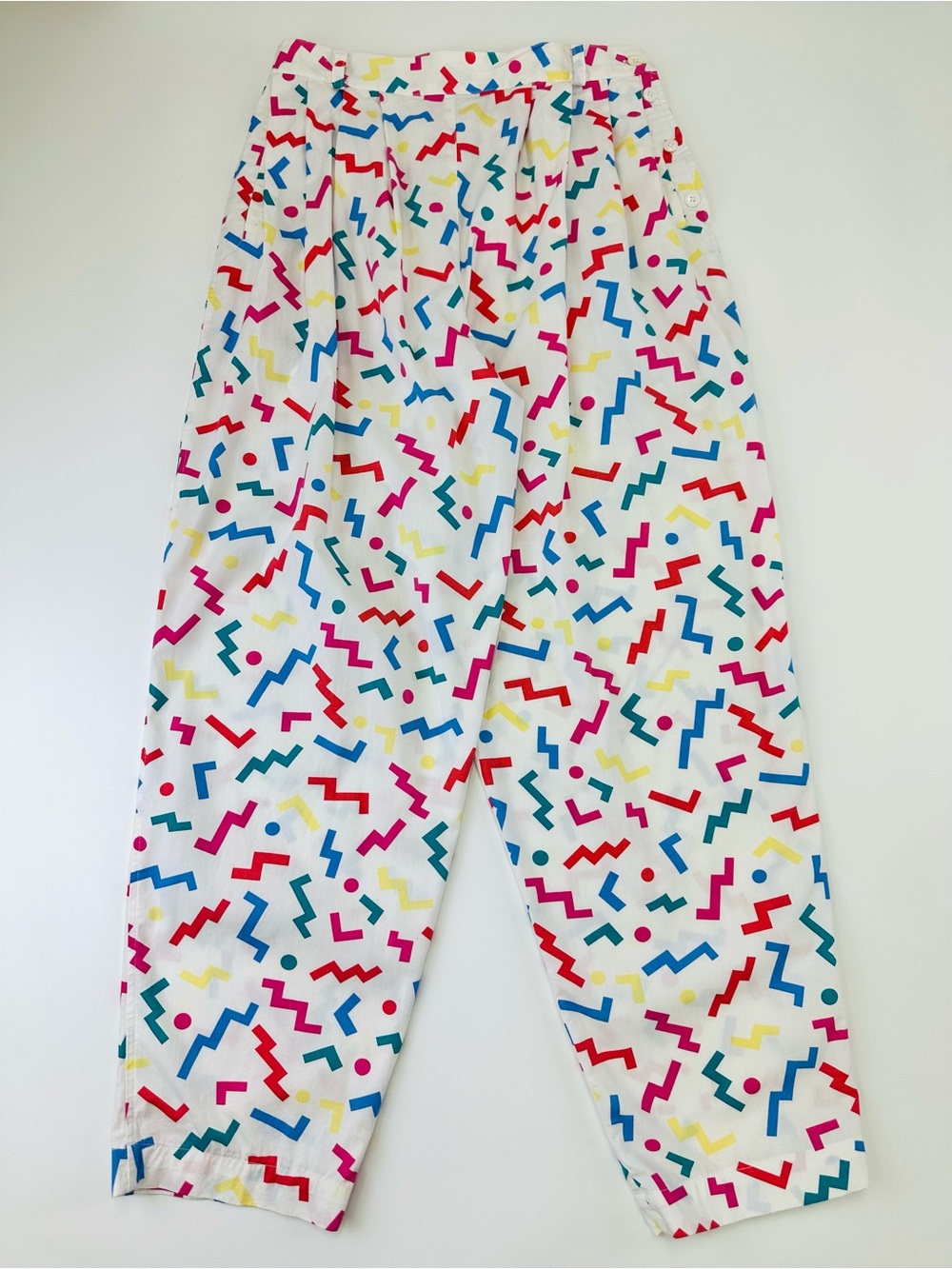 Vintage 90s High Waist Cotton Pants Small Colorful Abstract Print Pleat front